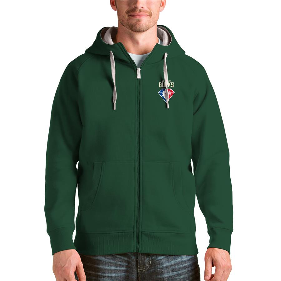 Milwaukee Bucks Antigua NBA 75th Anniversary Victory Full-Zip Hoodie - Hunter Green