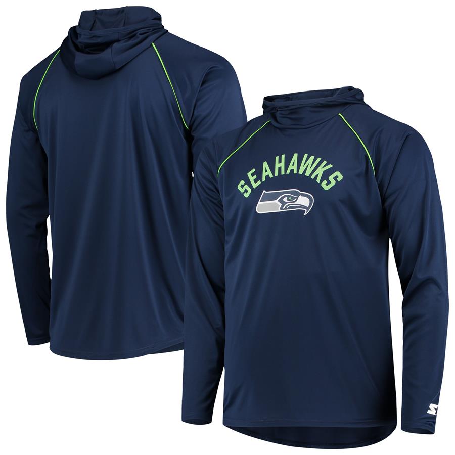 Seattle Seahawks Starter Raglan Long Sleeve Hoodie T-Shirt - Navy