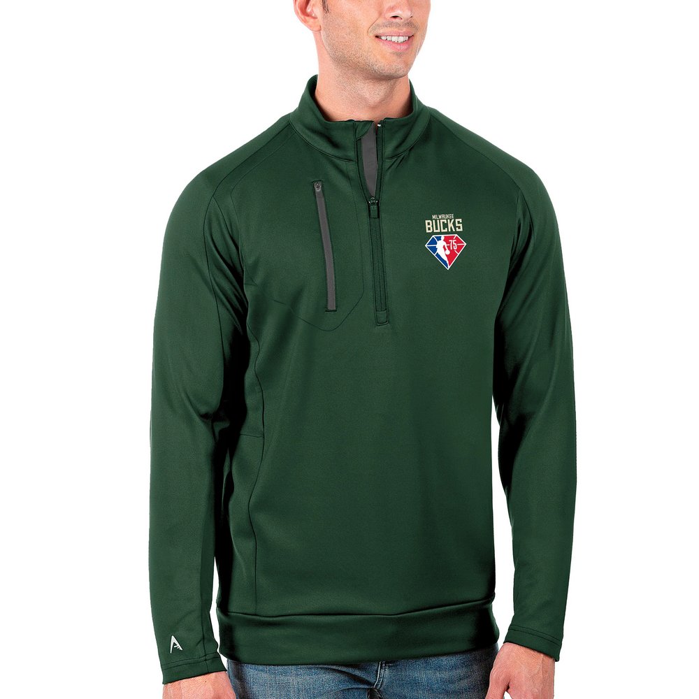 Milwaukee Bucks Antigua NBA 75th Anniversary Generation Quarter-Zip Pullover Jacket - Hunter Green
