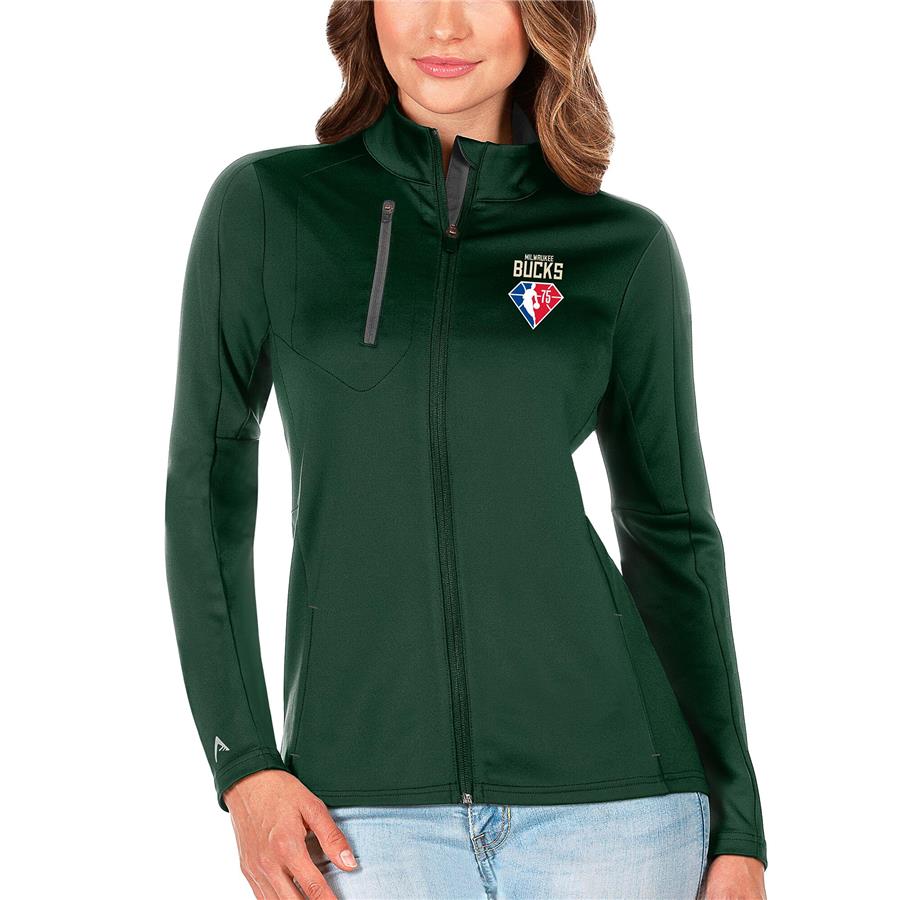 Milwaukee Bucks Antigua Women's NBA 75th Anniversary Generation Full-Zip - Hunter Green