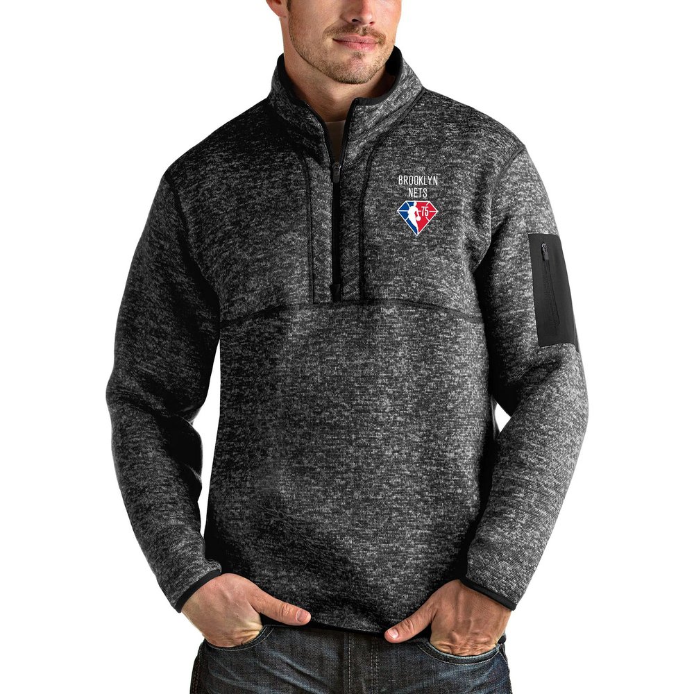 Brooklyn Nets Antigua NBA 75th Anniversary Fortune Quarter-Zip Pullover Jacket - Heathered Black