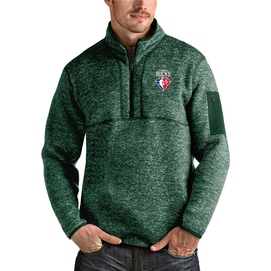 Milwaukee Bucks Antigua NBA 75th Anniversary Fortune Quarter-Zip Pullover Jacket - Heathered Green