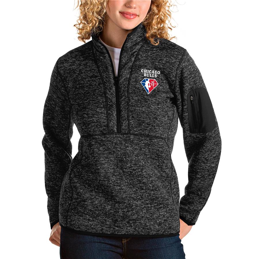 Chicago Bulls Antigua Women's NBA 75th Anniversary Fortune Quarter-Zip Pullover Jacket - Heathered Black