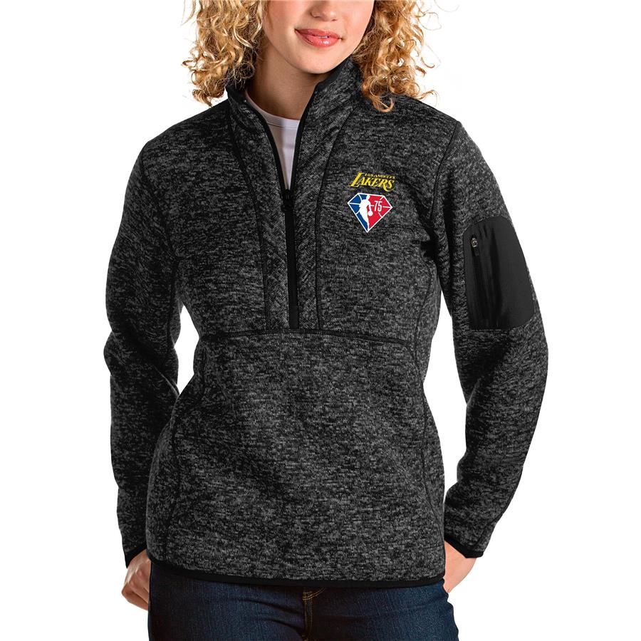 Los Angeles Lakers Antigua Women's NBA 75th Anniversary Fortune Quarter-Zip Pullover Jacket - Heathered Black