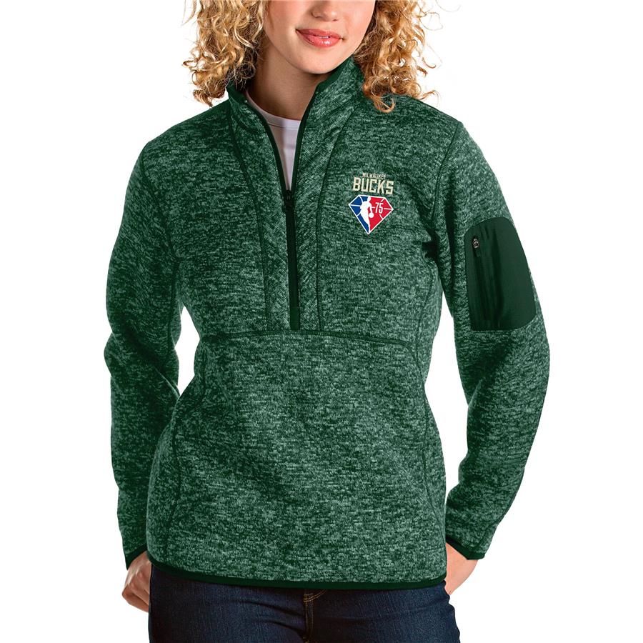 Milwaukee Bucks Antigua Women's NBA 75th Anniversary Fortune Quarter-Zip Pullover Jacket - Heathered Green