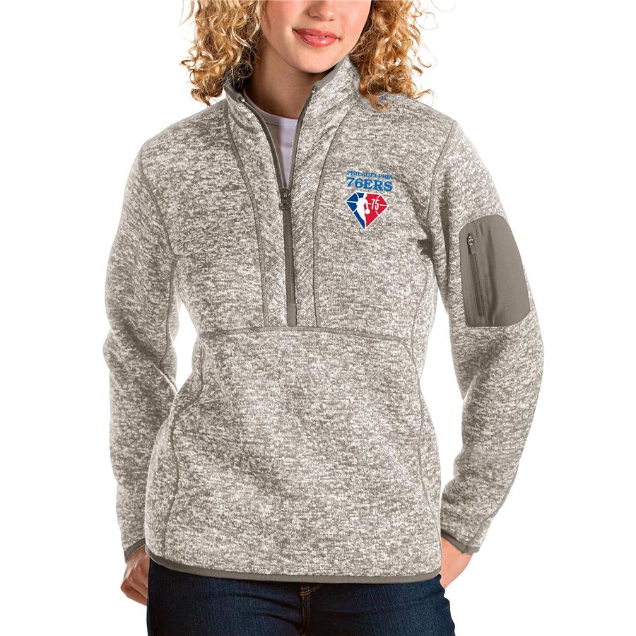 Philadelphia 76ers Antigua Women's NBA 75th Anniversary Fortune Quarter-Zip Pullover Jacket - Tan