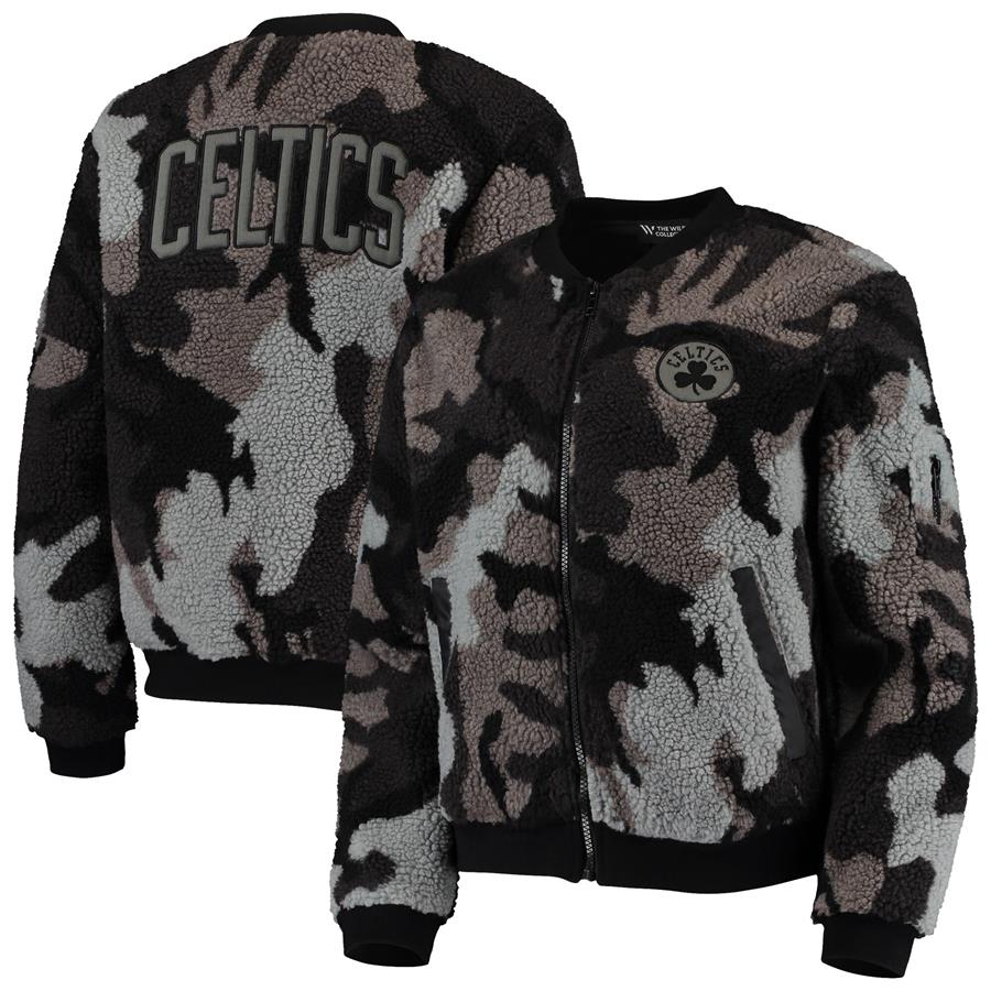 Boston Celtics The Wild Collective Women's Camo Sherpa Full-Zip Bomber Jacket - Black