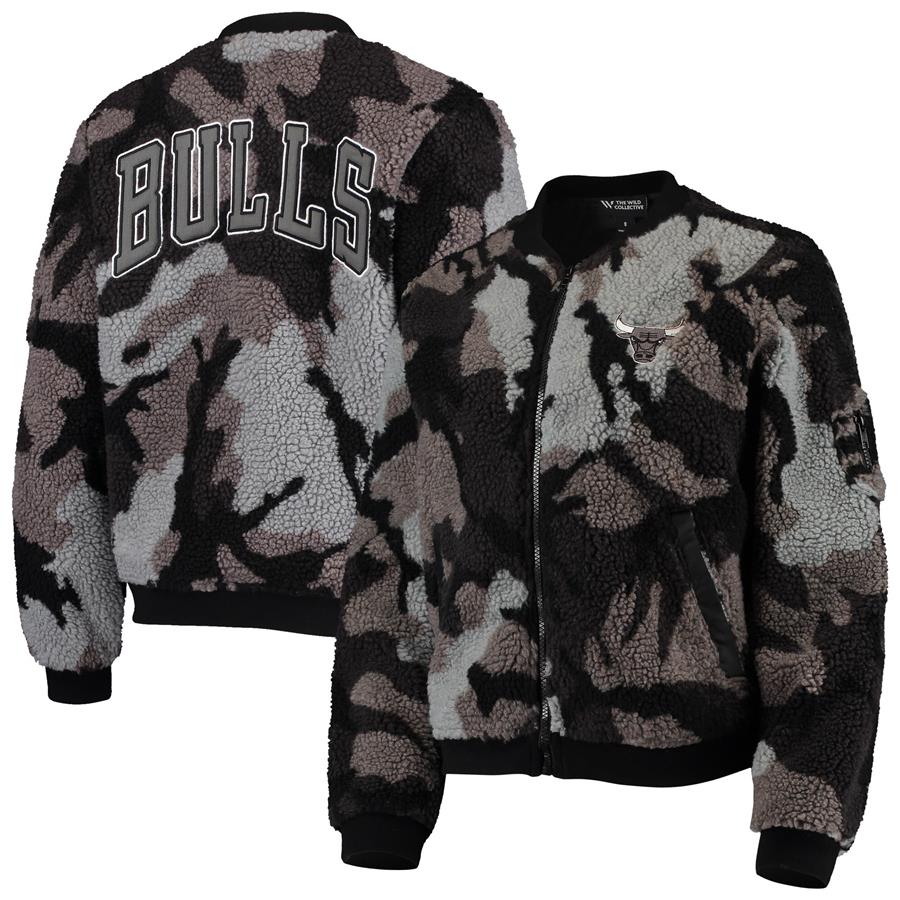 Chicago Bulls The Wild Collective Women's Camo Sherpa Full-Zip Bomber Jacket - Black