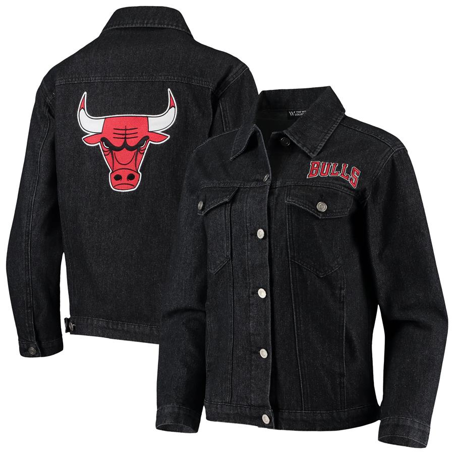 Chicago Bulls The Wild Collective Women's Patch Denim Button-Up Jacket - Black