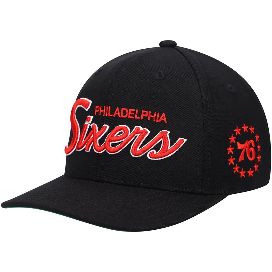 Philadelphia 76ers Mitchell & Ness Hardwood Classics Foundation Script Team Snapback Hat - Black