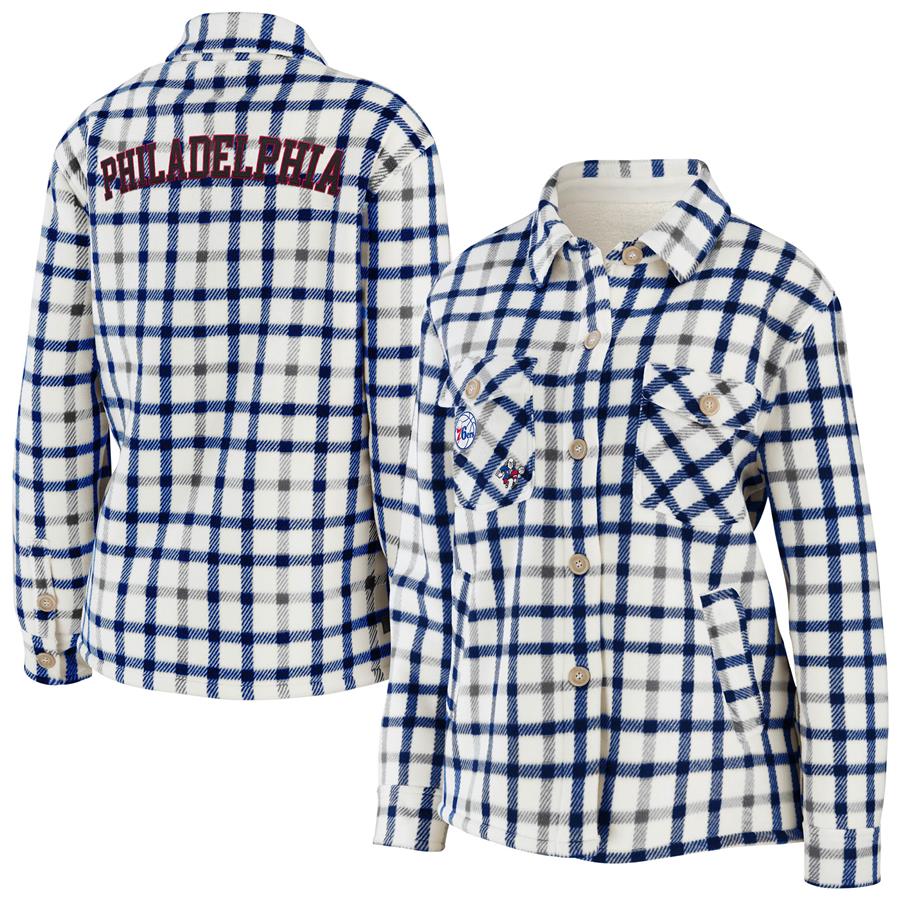 Philadelphia 76ers WEAR by Erin Andrews Women's Plaid Button-Up Shirt Jacket - Oatmeal