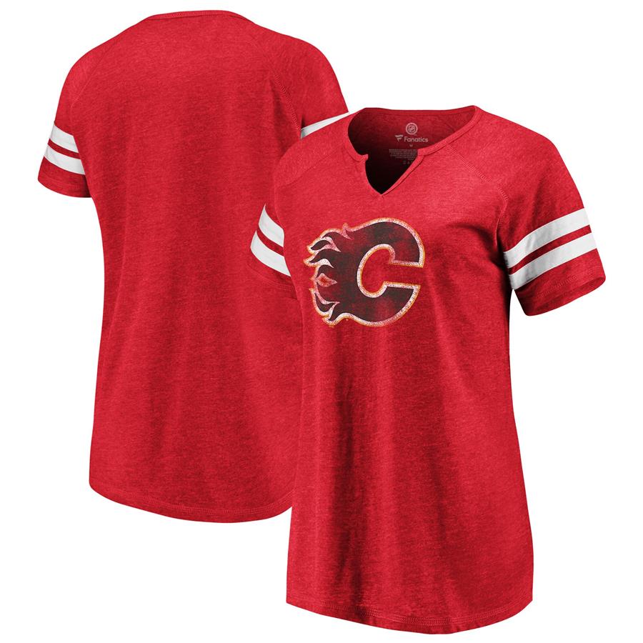 Calgary Flames Fanatics Branded Women's Distressed Team Tri-Blend Notch Neck T-Shirt - Red