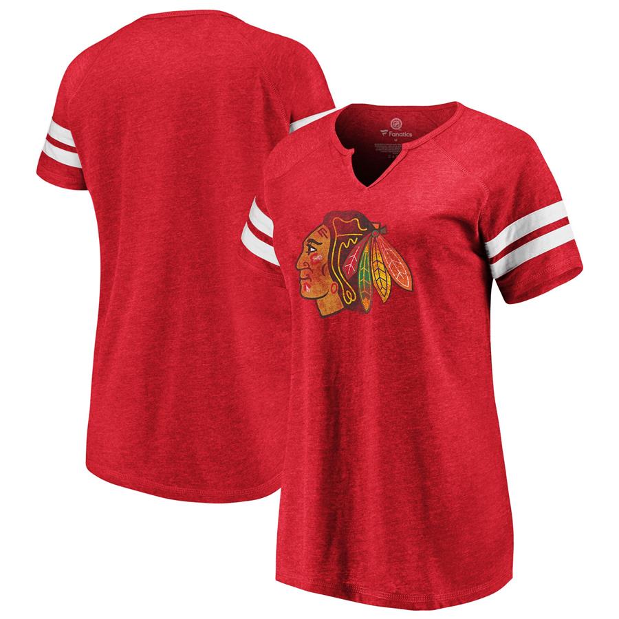 Chicago Blackhawks Fanatics Branded Women's Distressed Team Tri-Blend Notch Neck T-Shirt - Red