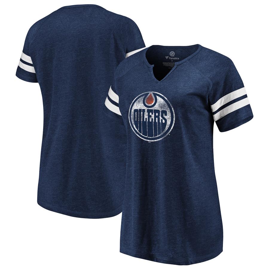 Edmonton Oilers Fanatics Branded Women's Distressed Team Tri-Blend Notch Neck T-Shirt - Navy