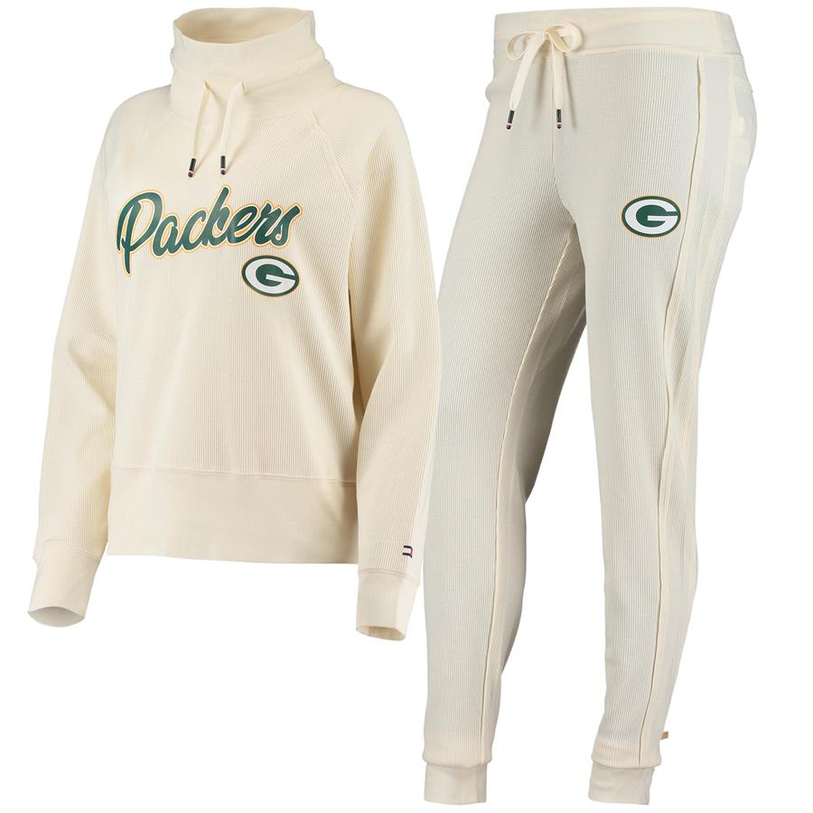 Green Bay Packers Tommy Hilfiger Women's Zoey Raglan Pullover Sweatshirt & Pants Tri-Blend Lounge Set - Cream