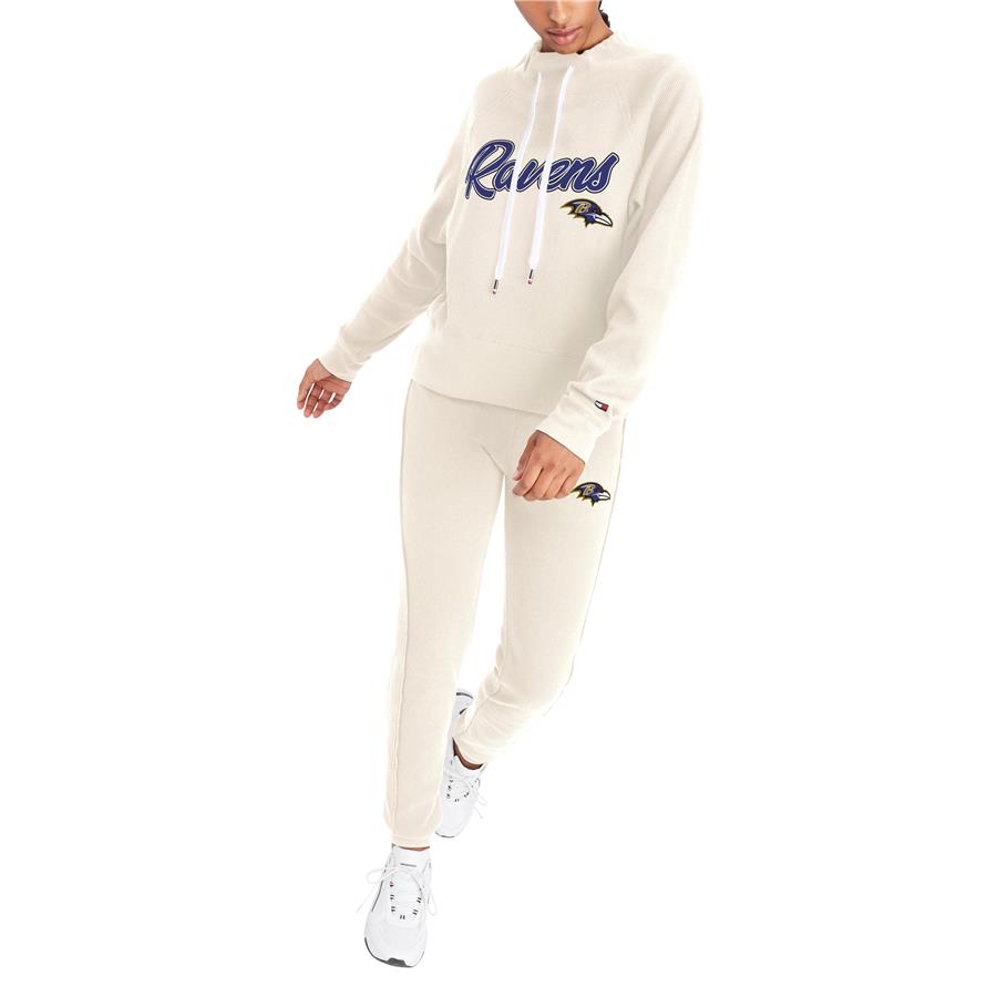 Baltimore Ravens Tommy Hilfiger Women's Zoey Raglan Pullover Sweatshirt & Pants Lounge Set - Cream