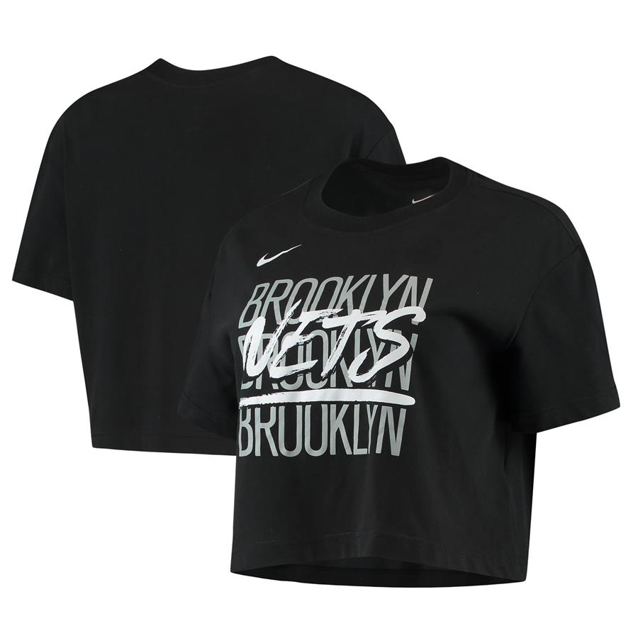 Brooklyn Nets Nike Women's Performance Repeat Logo Cropped T-Shirt - Black