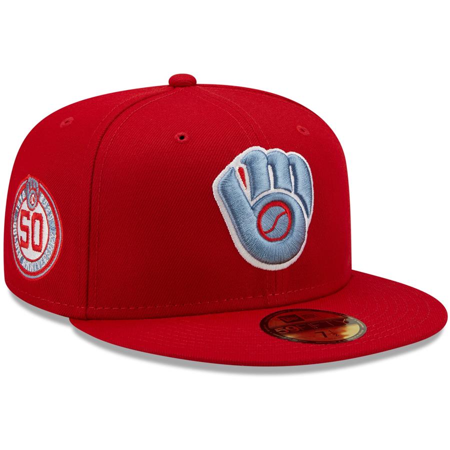 Milwaukee Brewers New Era 50 Seasons Blue Undervisor 59FIFTY Fitted Hat - Scarlet