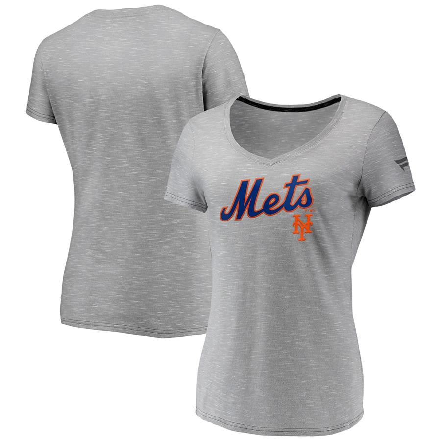 New York Mets Fanatics Branded Women's Wordmark & Logo Space-Dye V-Neck T-Shirt - Gray