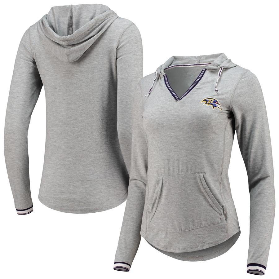 Baltimore Ravens Antigua Women's Warm-Up Tri-Blend Hoodie Long Sleeve V-Neck T-Shirt- Heathered Gray
