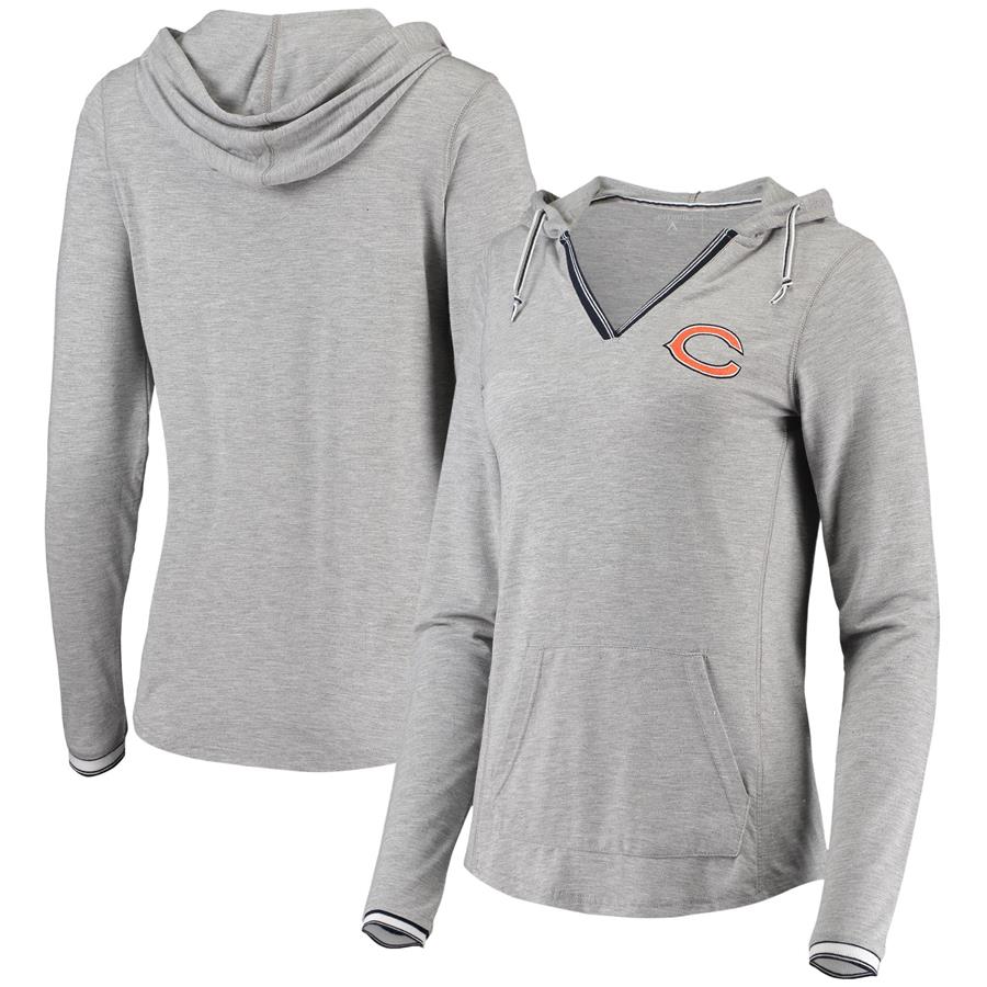 Chicago Bears Antigua Women's Warm-Up Tri-Blend Hoodie Long Sleeve V-Neck T-Shirt- Heathered Gray