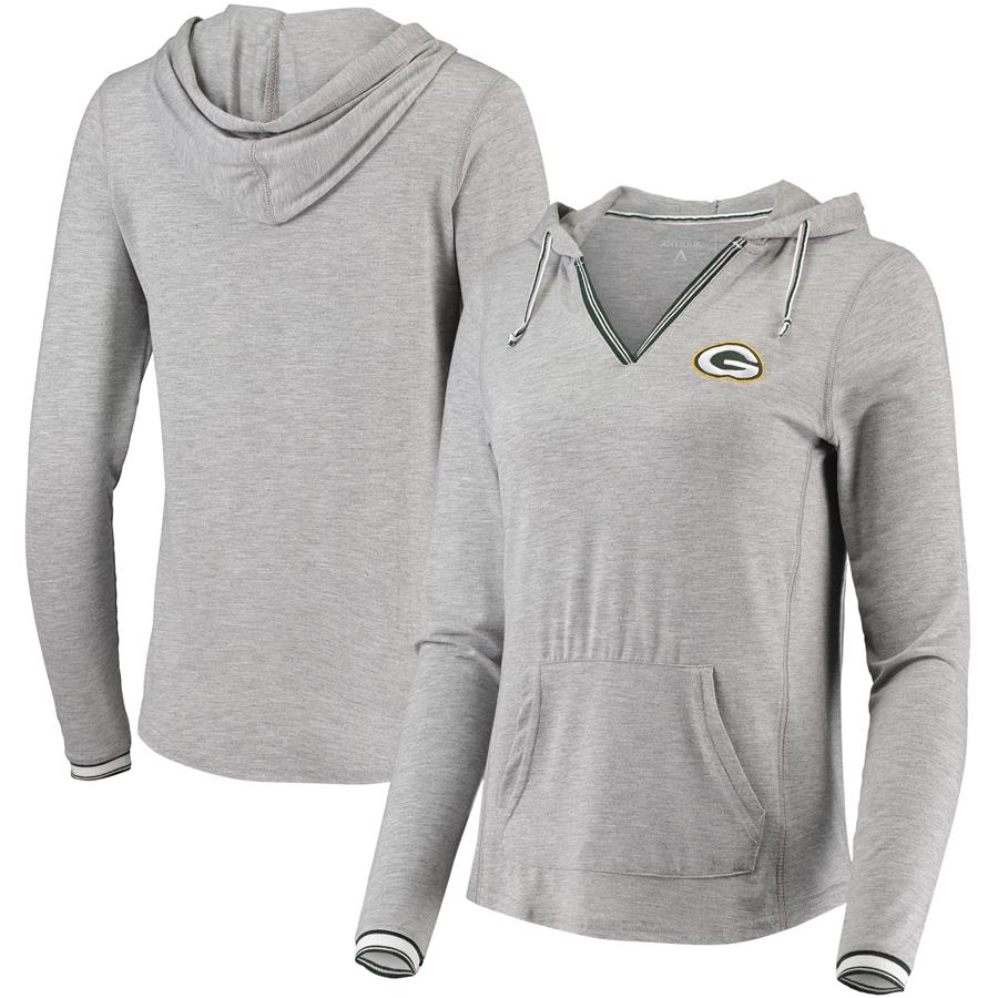 Green Bay Packers Antigua Women's Warm-Up Tri-Blend Hoodie Long Sleeve V-Neck T-Shirt- Heathered Gray