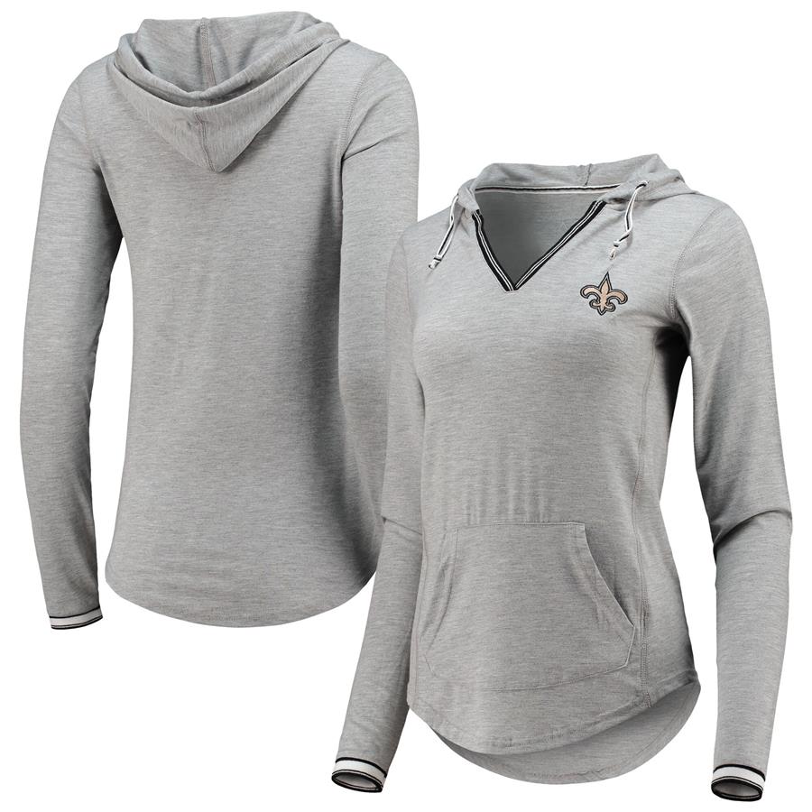 New Orleans Saints Antigua Women's Warm-Up Tri-Blend Hoodie Long Sleeve V-Neck T-Shirt- Heathered Gray
