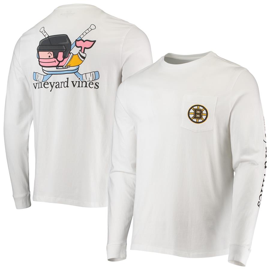 Boston Bruins Vineyard Vines Hockey Helmet Pocket Long Sleeve T-Shirt - White