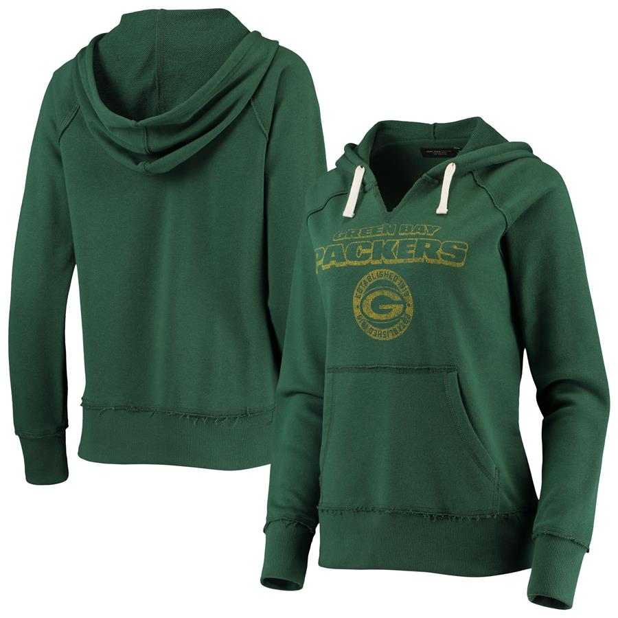 Green Bay Packers Junk Food Women's Raw Edge Raglan Notch Neck Pullover Hoodie - Green