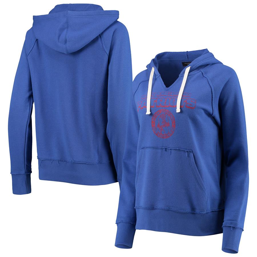 New England Patriots Junk Food Women's Raw Edge Raglan Notch Neck Pullover Hoodie - Royal