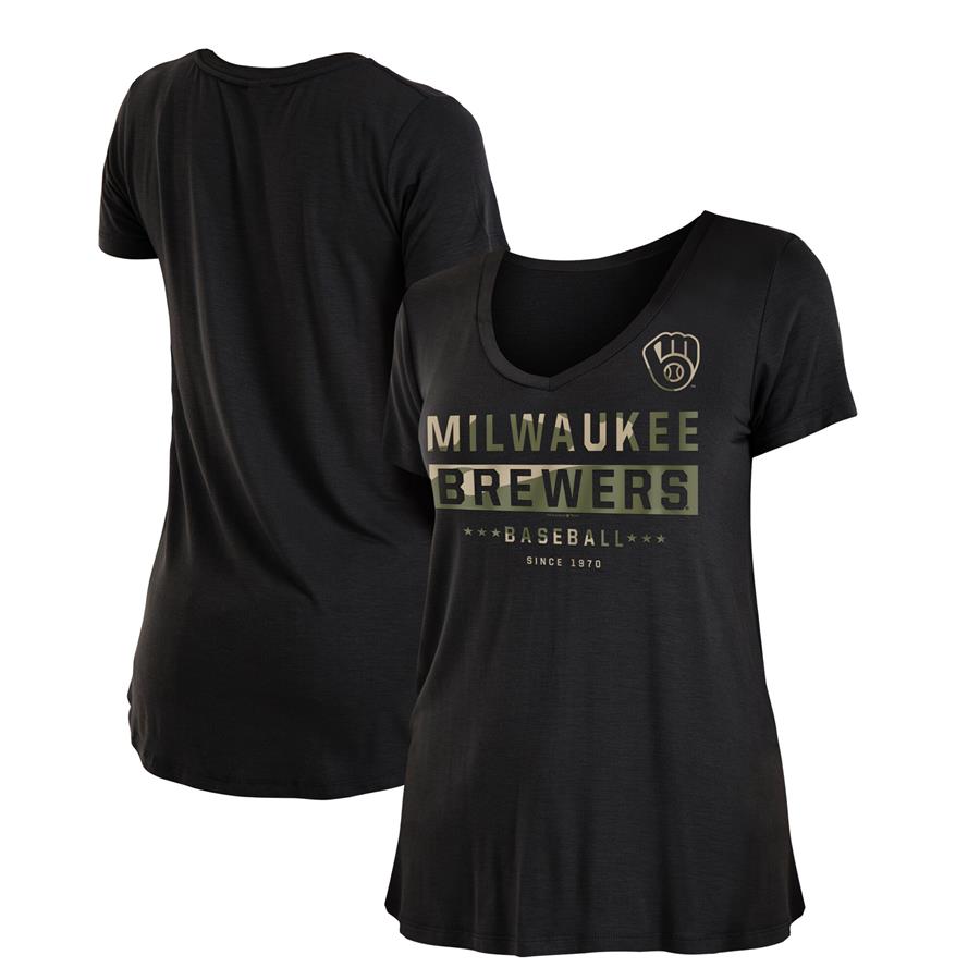 Milwaukee Brewers New Era Women's 2021 Armed Forces Day Brushed V-Neck T-Shirt - Black