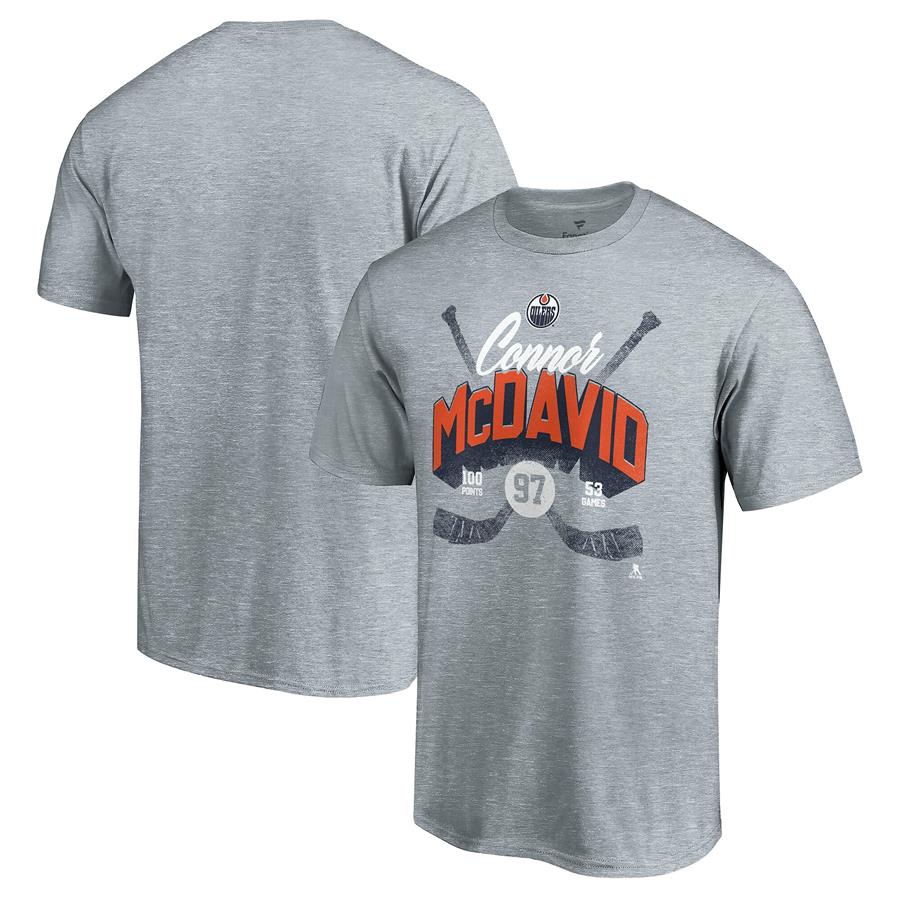 Connor McDavid Edmonton Oilers Fanatics Branded 100 Points Player Achievement T-Shirt - Gray