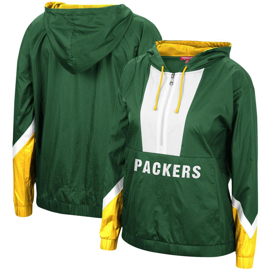 Green Bay Packers Mitchell & Ness Women's Half-Zip Windbreaker Hoodie - Green