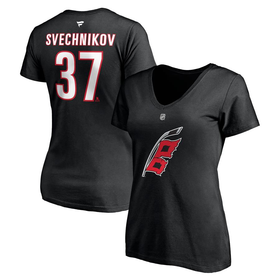 Andrei Svechnikov Carolina Hurricanes Fanatics Branded Women's Alternate Authentic Stack Name & Number V-Neck T-Shirt - Black