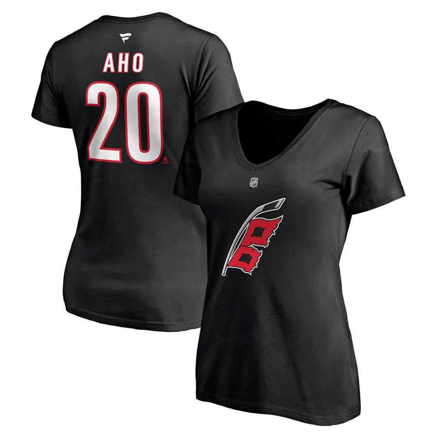 Sebastian Aho Carolina Hurricanes Fanatics Branded Women's Alternate Authentic Stack Name & Number V-Neck T-Shirt - Black
