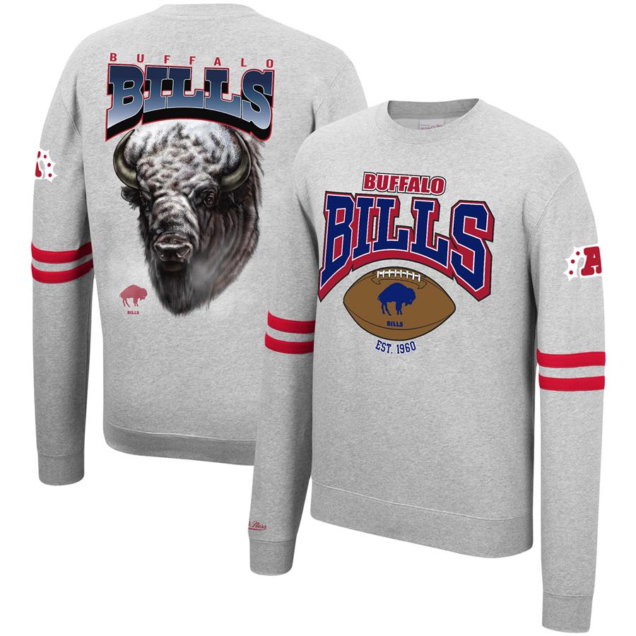 Buffalo Bills Mitchell & Ness Allover Print Fleece Pullover Sweatshirt - Heathered Gray