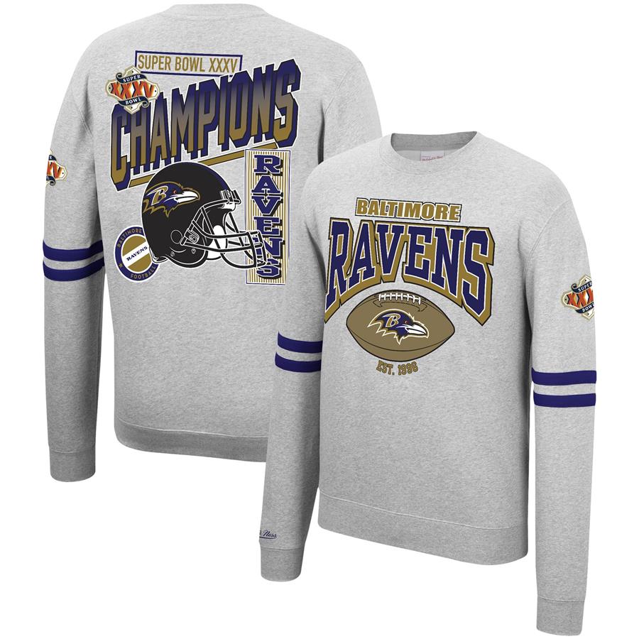 Baltimore Ravens Mitchell & Ness Allover Print Fleece Pullover Sweatshirt - Heathered Gray