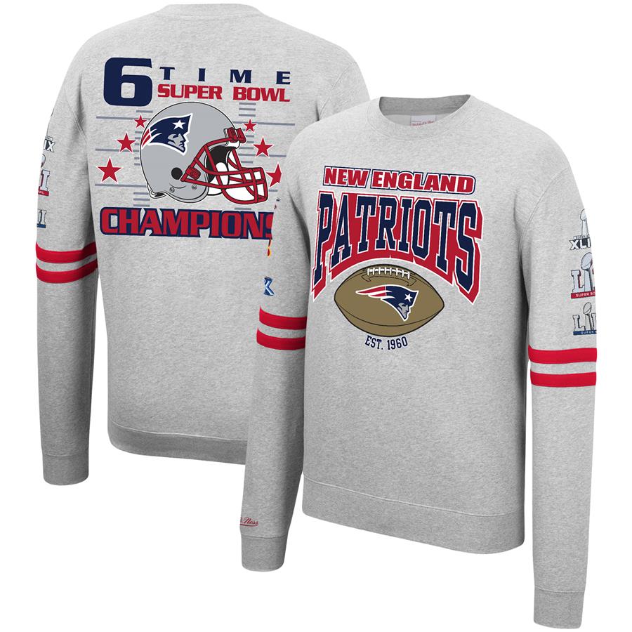 New England Patriots Mitchell & Ness Allover Print Fleece Pullover Sweatshirt - Heathered Gray