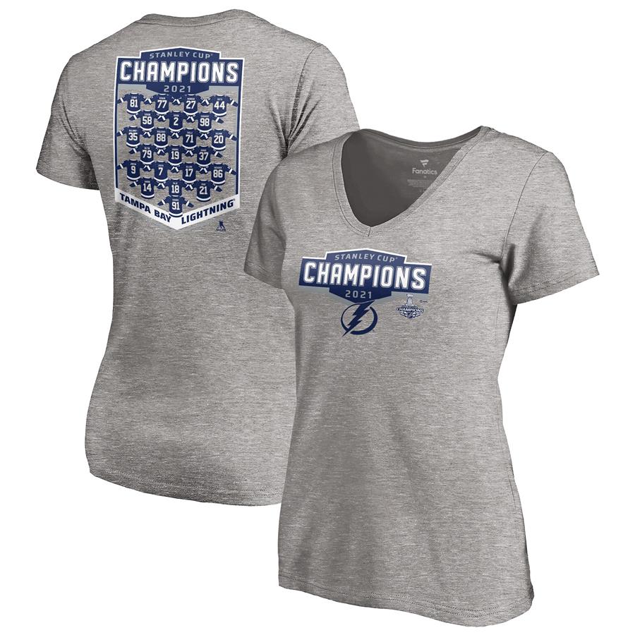 Tampa Bay Lightning Fanatics Branded Women's 2021 Stanley Cup Champions Jersey Roster V-Neck T-Shirt - Heathered Gray