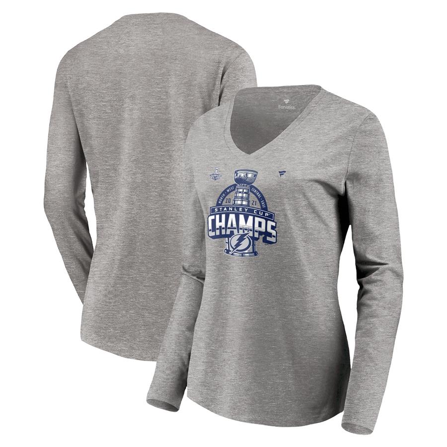 Tampa Bay Lightning Fanatics Branded Women's 2021 Stanley Cup Champions Locker Room Long Sleeve V-Neck T-Shirt - Heathered Gray