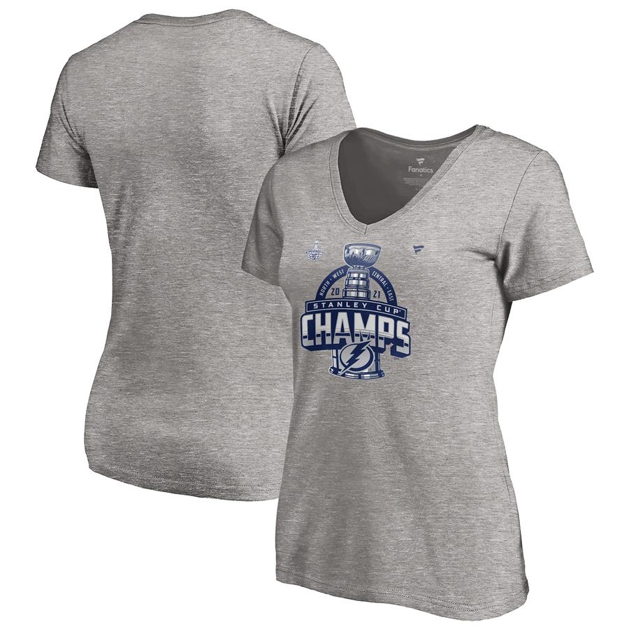 Tampa Bay Lightning Fanatics Branded Women's 2021 Stanley Cup Champions Locker Room V-Neck T-Shirt - Heathered Gray