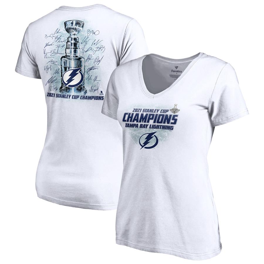 Tampa Bay Lightning Fanatics Branded Women's 2021 Stanley Cup Champions Signature Roster V-Neck T-Shirt - White
