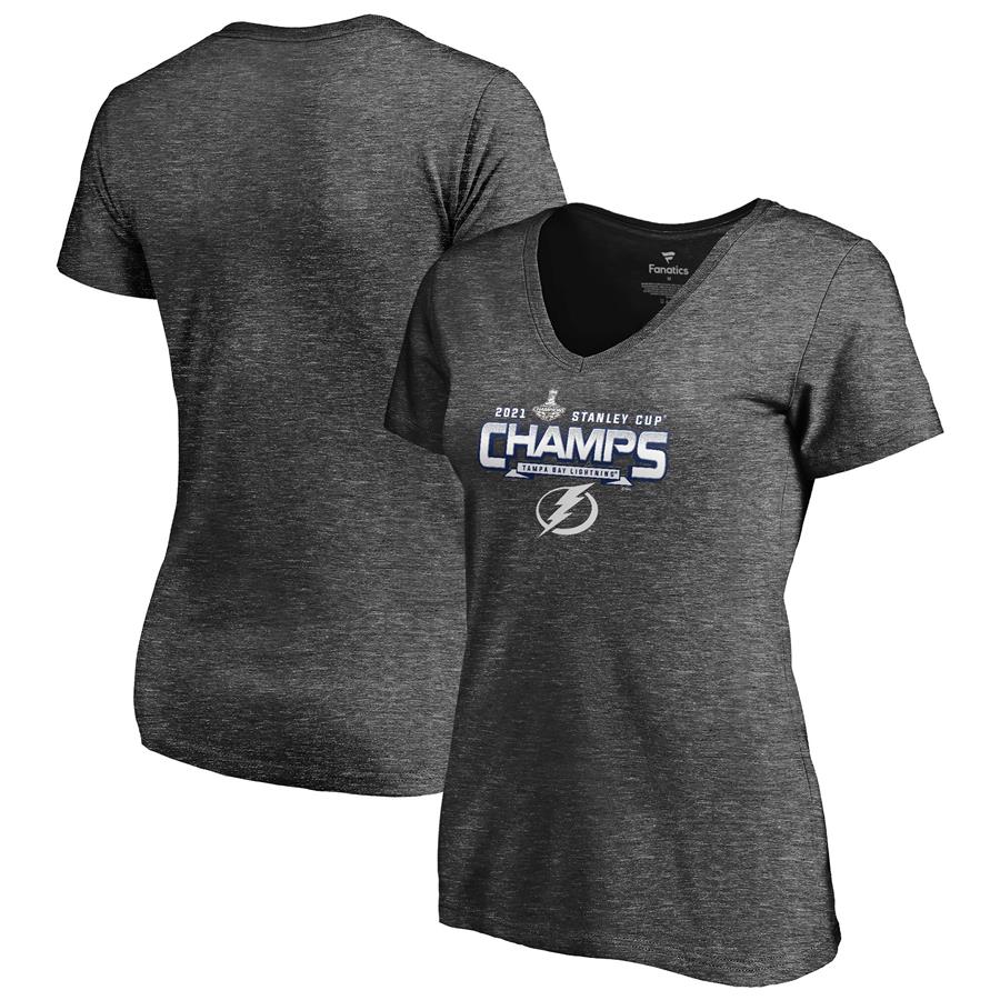 Tampa Bay Lightning Fanatics Branded Women's 2021 Stanley Cup Champions Snow Shower V-Neck T-Shirt - Heathered Gray
