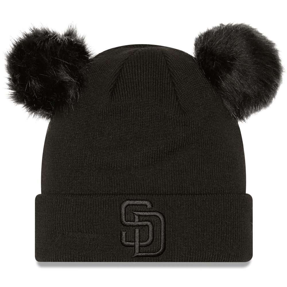 San Diego Padres New Era Women's Space Bun Cuffed Knit Hat with Double Pom - Black