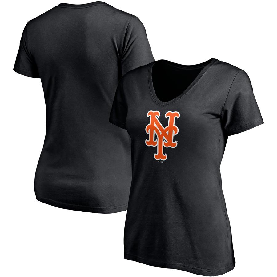 New York Mets Fanatics Branded Women's Logo V-Neck T-Shirt- Black