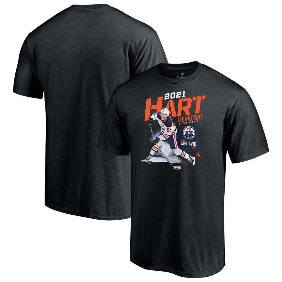 Men's Fanatics Branded Connor McDavid Black Edmonton Oilers 2021 Hart Trophy Winner T-Shirt
