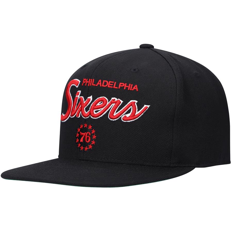 Philadelphia 76ers Mitchell & Ness Hardwood Classics Foundation Script Fitted Hat - Black