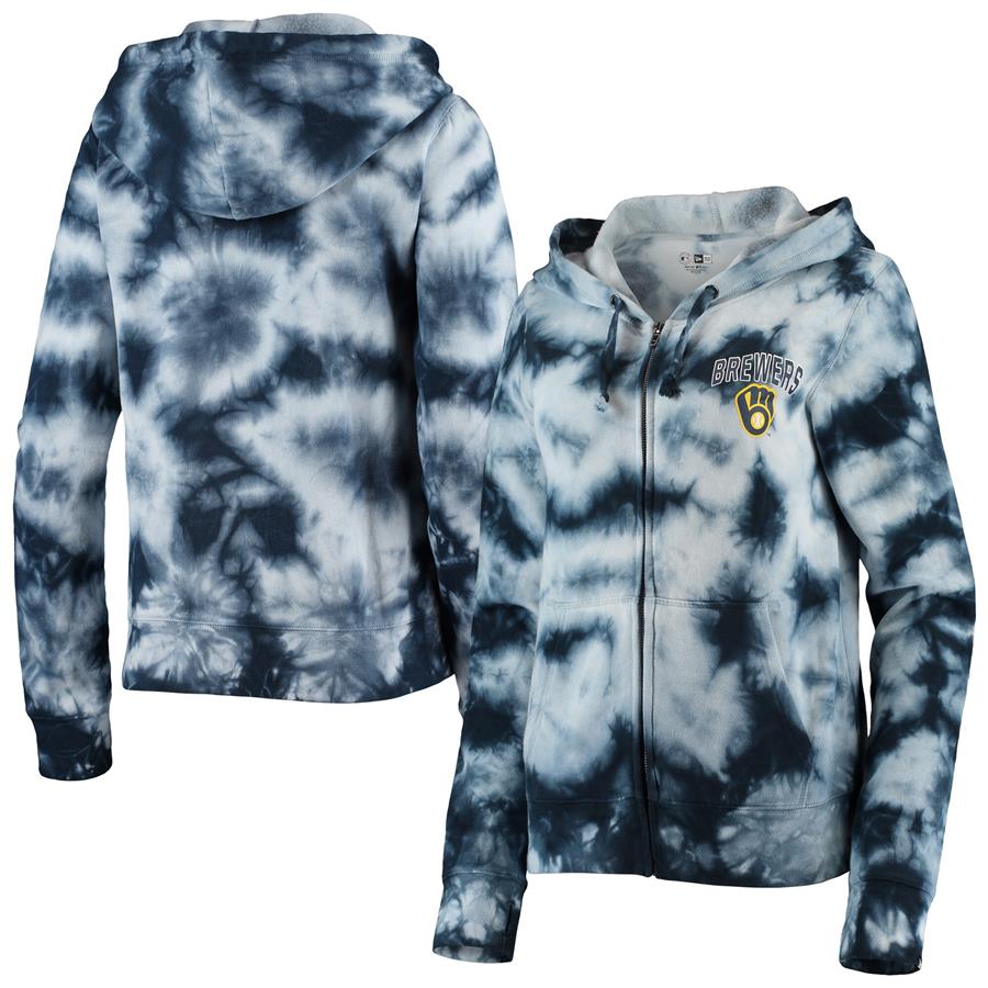 Milwaukee Brewers New Era Women's Tie-Dye Fleece Full-Zip Hoodie - Navy