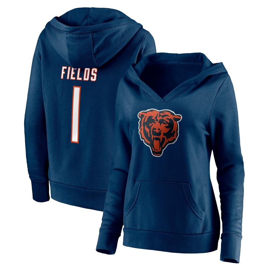 Justin Fields Chicago Bears Fanatics Branded Women's Player Icon Name & Number V-Neck Pullover Hoodie - Navy