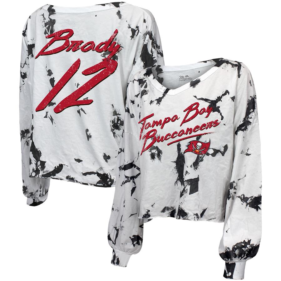 Tom Brady Tampa Bay Buccaneers Majestic Threads Women's Off-Shoulder Tie-Dye Name & Number Long Sleeve V-Neck T-Shirt - White